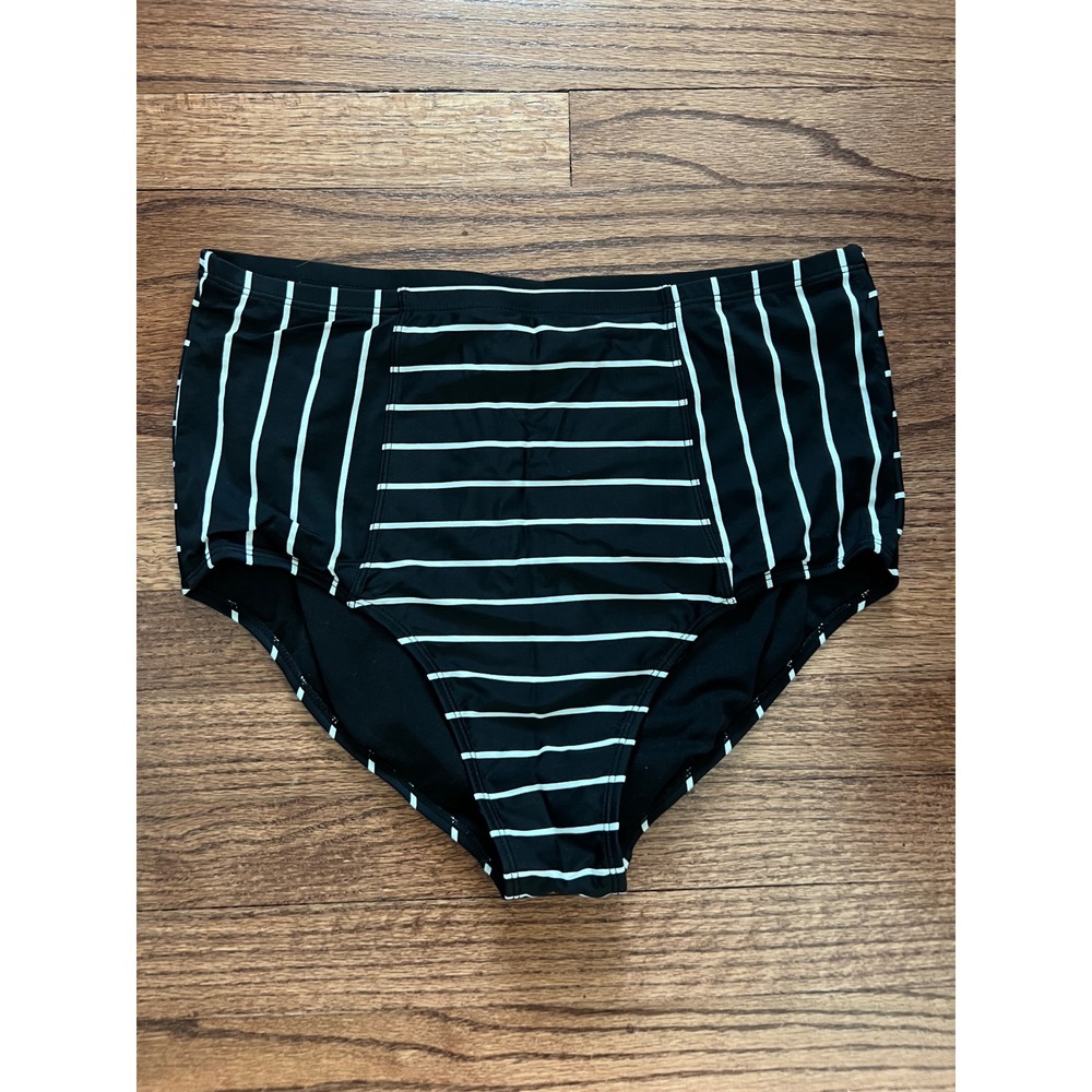 Old Navy Bikini Bottoms Womens Large Black Like New Striped High Waisted Swim